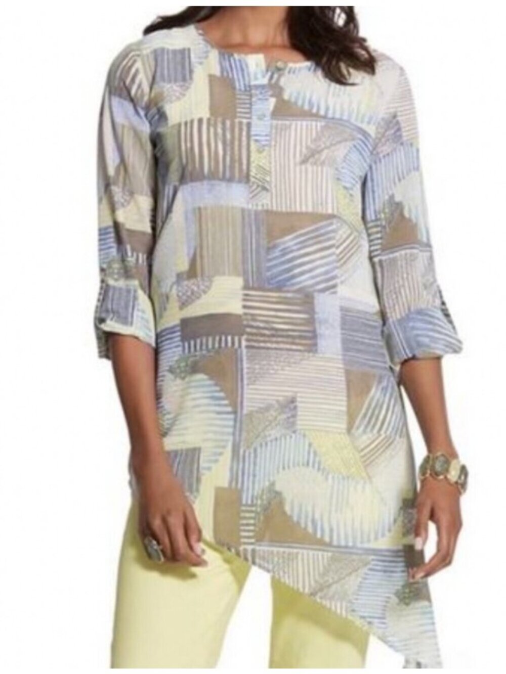 Chico's Asymmetrical Blouse 12 Linear Lines Geometric Tunic Sheer Size 2